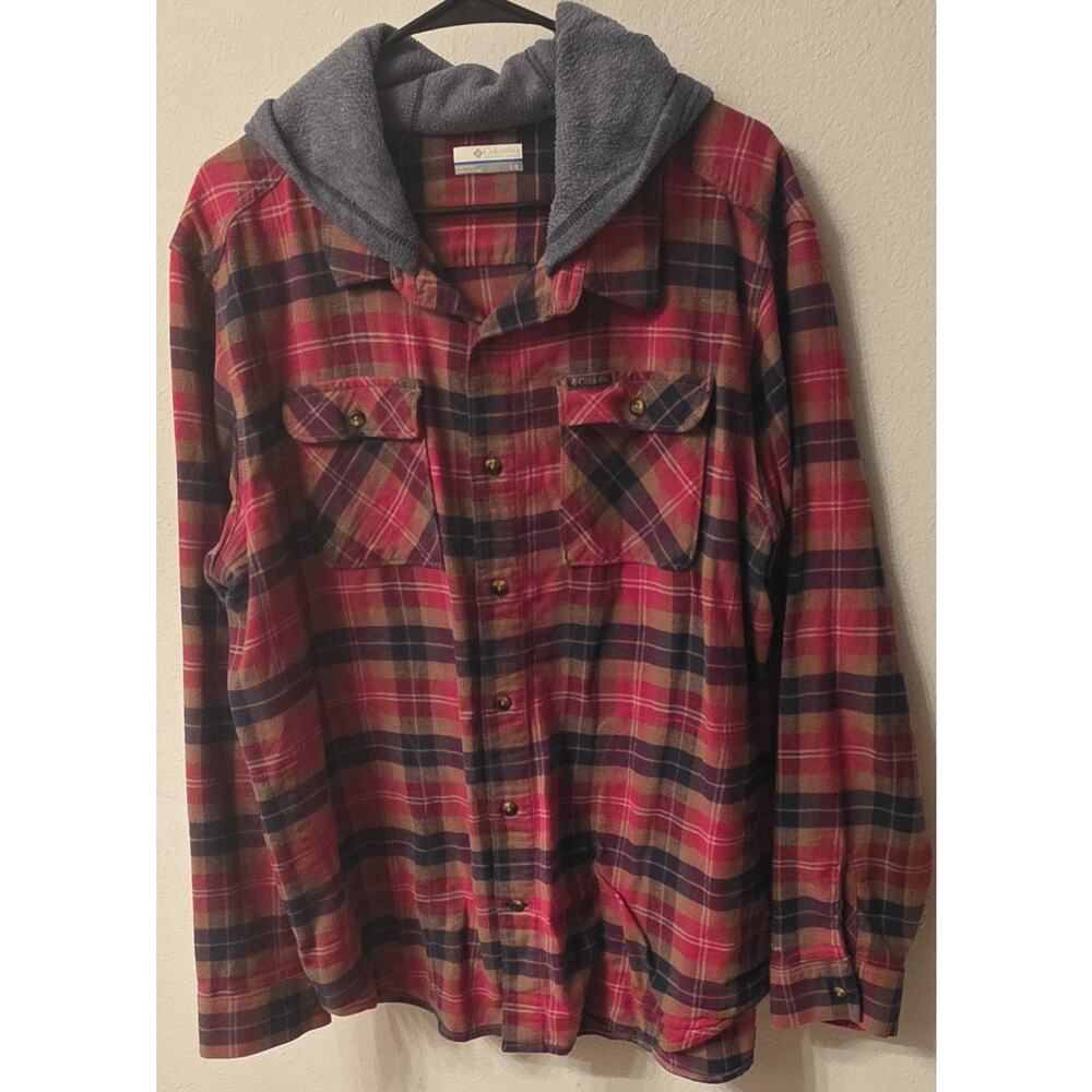 Columbia Flare Gun Stretch Flannel Hoodie Shirt Omni-Wick Plaid Men's Large Red